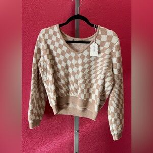 V-Neck Checker Knit Sweater - Beige/Cream
